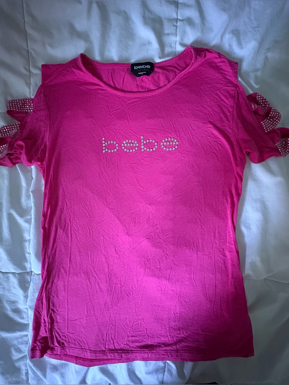 Vintage Y2K Hot Pink Bebe Top with Rhinestone logo and sleeves